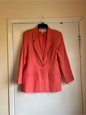 Adolfo Studio Coral One Button Closure Linen Blend Blazer Size 10 Vintage Career